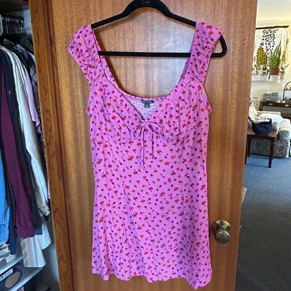 Floral Rose Pink Mini Dress Bow Detail Strawberry Shortcake Summer - Picture 3 of 7